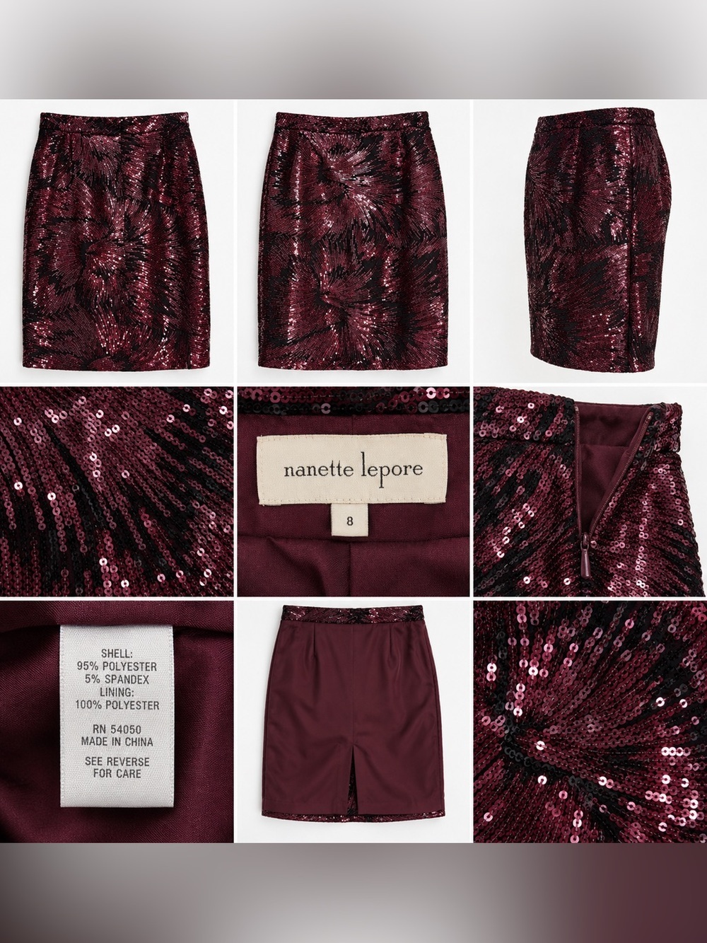 Nanette Lepore Burgundy Sequin Sunburst Pencil Skirt NWTHoliday Party Wine Black